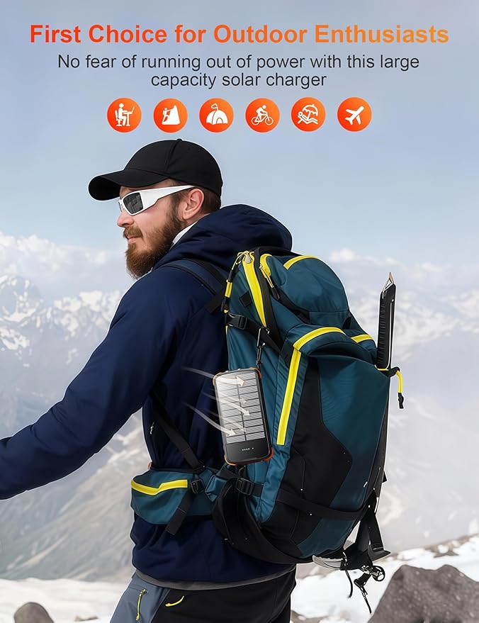 Solar Power Bank 40000mAh, Portable Charger PD 20W Fast Charging Solar Charger Power Bank Built in 4 Cables and USB-C in/Output, Camping Essentials External Battery Pack with Flashlights