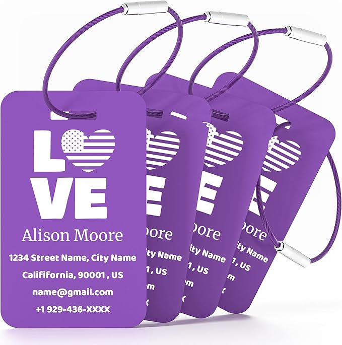 4 PCS Personalized Luggage Tags for Suitcases, Custom Aluminum Luggage Tags for Bags and Backpacks, Waterproof & Heavy Duty Personalized Metal Name Tags for Travel (Purple)