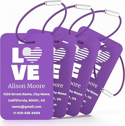 4 PCS Personalized Luggage Tags for Suitcases, Custom Aluminum Luggage Tags for Bags and Backpacks, Waterproof & Heavy Duty Personalized Metal Name Tags for Travel (Purple)