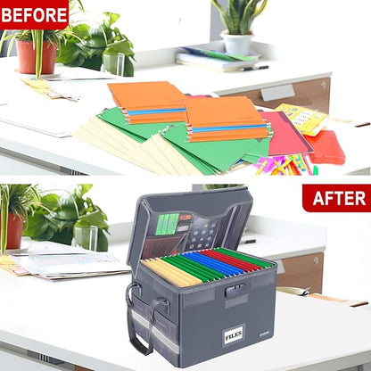 DocSafe Fireproof Document Box with Lock,File Storage Organizer with Zipper Pockets,Collapsible Portable File Box Home Office Safe Filing Cabinet with Handle for Hanging Letter/Legal Folders,Gray