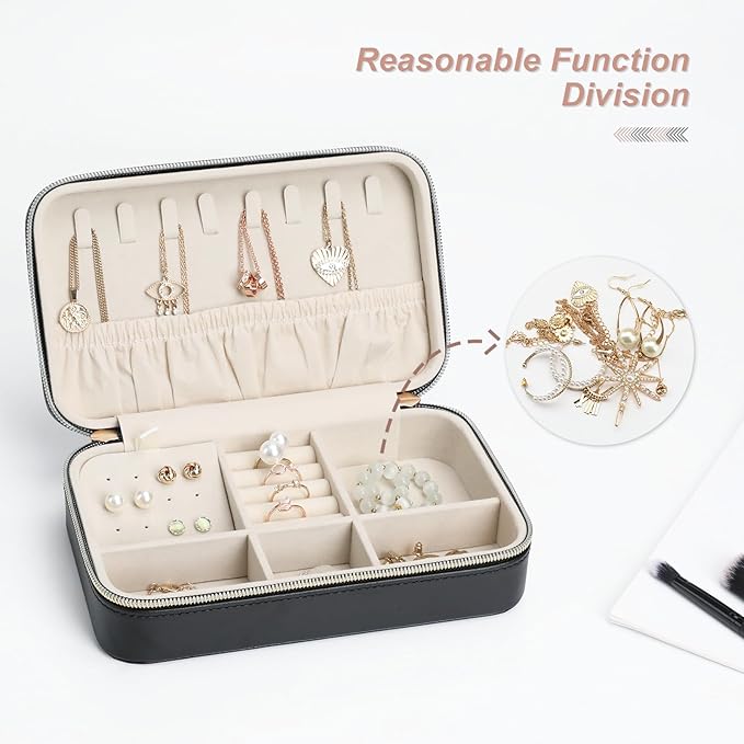 Portable Jewelry Organizer for Travel Compact Leather Jewelry Box with 8 Hooks, Earring Holder & Zippered Pouch, Ideal Gift for Women Black