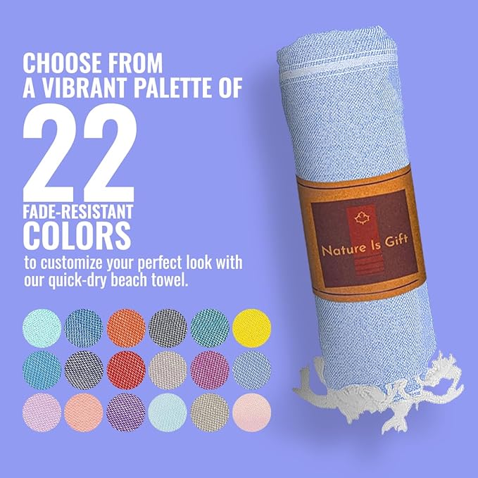 Beach Towel 100% Cotton Turkish Beach Towel Adult 38x70 Inch Pre-washed Absorbent Extra Large|Sand Free Quick Dry BathTowels|Lightweight Blanket|Travel Cruise Camping Spa Gym Sports Towel|Airy Blue