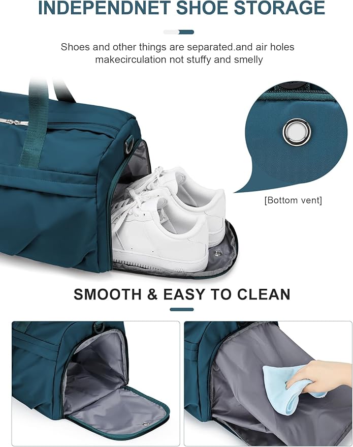 Gym Bag for Women Men with Shoe Compartment, Sport Duffel Bag, Waterproof Travel Weekender Overnight Carry on Bag for Yoga with Trolley Sleeve, Peacock Blue
