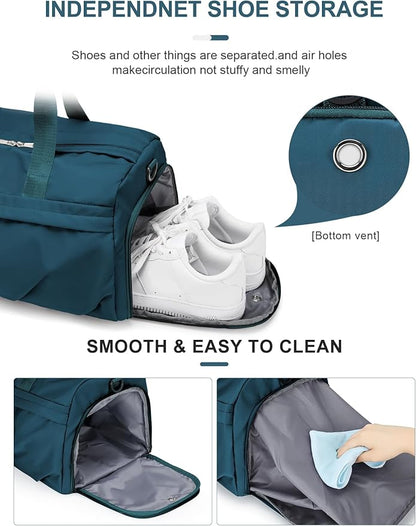 Gym Bag for Women Men, Sport Duffel Bag with Toiletry Bag & Shoe Compartment,Waterproof Travel Weekender Overnight Carry on Bag for Yoga with Trolley Sleeve, Peacock Blue Set