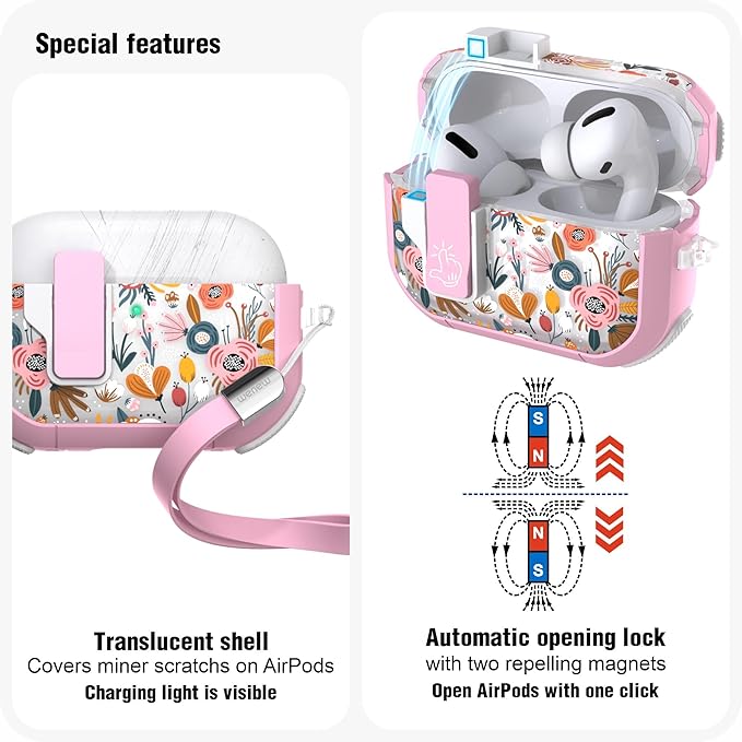 WENEW Case for AirPods Pro & Pro 2 Case Cover Secure Lock Automatic Snap Switch Clip Cleaner Kit Lanyard Women Stylish Flower Full Body Hard Shell Front LED Visible (Pink Flower, AirPods Pro & Pro 2)