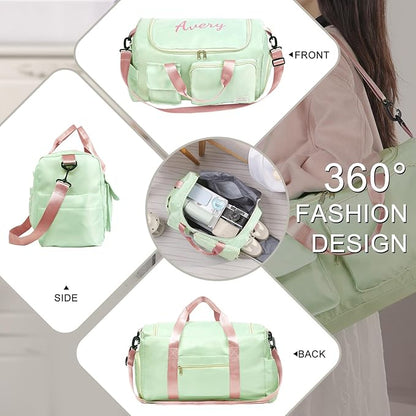 Personalized Duffel Bag Custom Sport Gym Travel Bags Embroidered Name Text Customized Dry Wet Separated Weekend Waterproof Bag for Women Men (B-green)