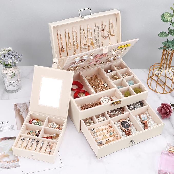DesignSter Jewelry Organizer Box, 2 Layers Large Jewelry Box with Travel Jewelry Case, Leather Jewelry Storage Case for Rings Earrings Bracelets Necklaces (Beige)