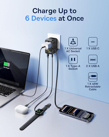Baseus 45W European Travel Plug Adapter, 6-in-1 Universal Power Adapter with USB-C Retractable Cable, PD Fast Charging GaN International Travel Essentials for Over 200 Countries - Picogo AG11