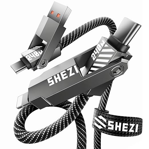 SHEZI Nylon Braided 4 in 1 USB C Cable 240W 5FT Compatible with Lightning Cable, Fast Charging for iPhone/iPad Charger Cord [480Mbps Data Sync],Multi Charging Cable with Type C/USB A, Grey