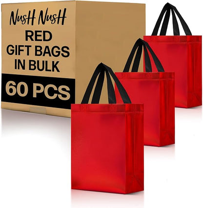 Nush Nush Shiny Red Gift Bags Bulk -Set of 60 Mediums Size, Bulk Gift Bags with Handles - Reusable Goodie Bag for Christmas Gifts, Halloween Treats, Birthday Presents, Small Business - 8Wx4Dx10H