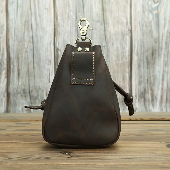 Retro Drawstring Genuine Leather Waist Bag for Men Motorcycle Sports Pack with Phone Pocket Adjustable Belt Gifts for Men (Dark Brown)
