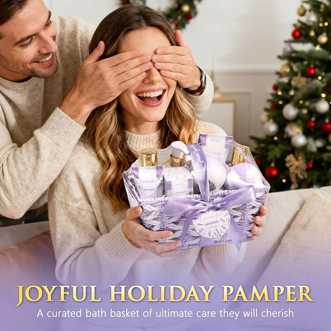 Christmas Birthday Gifts for Women, Lavender Relaxing Spa Gift Baskets for Women Self Care Package Bath Gift Set, Home Bath and Body Kit Pamper Gifts for Womens Mom Her Friends Sister Wife Girlfriend