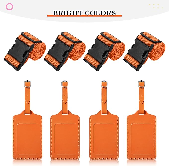 Reginary 8 Pcs Luggage Straps Suitcase Tags Set 4 Travel Adjustable Suitcase Belt 4 PU Leather Luggage Tags Accessories (Orange)