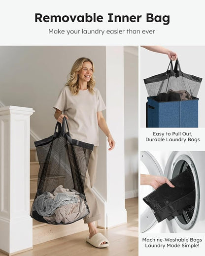 SOLEDI Laundry Hamper with Lid 130L Large & Tall Collapsible Laundry Basket, Clothes Hamper with Bag Removable Easy to Carry, Dirty Hampers for Bedroom, Bathroom, Dorm, College, Blue