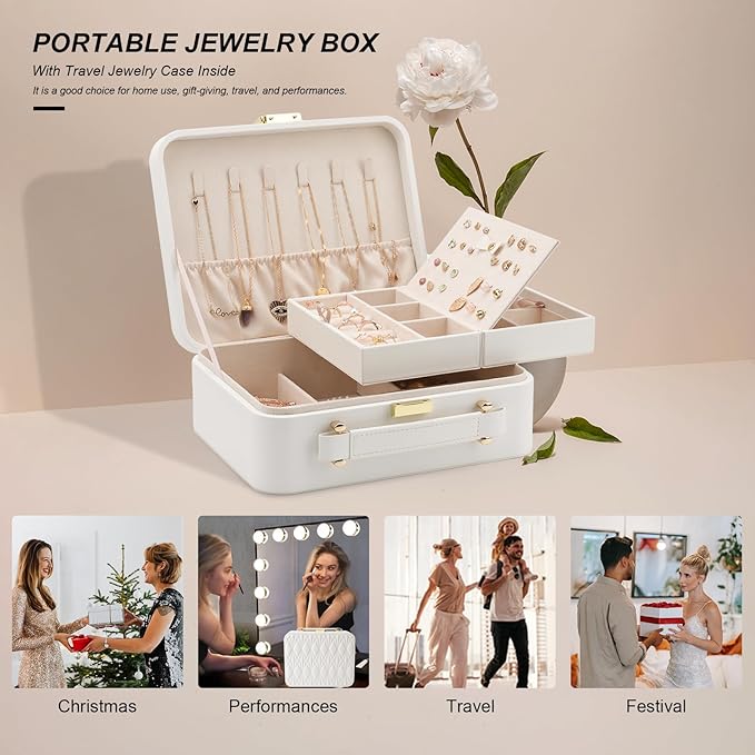 White Jewelry Box - Large Travel Jewelry Case Organizer, 2 Layer Holder, Women's Watch Case