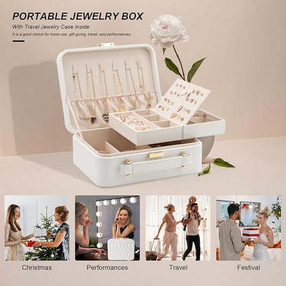 White Jewelry Box - Large Travel Jewelry Case Organizer, 2 Layer Holder, Women's Watch Case