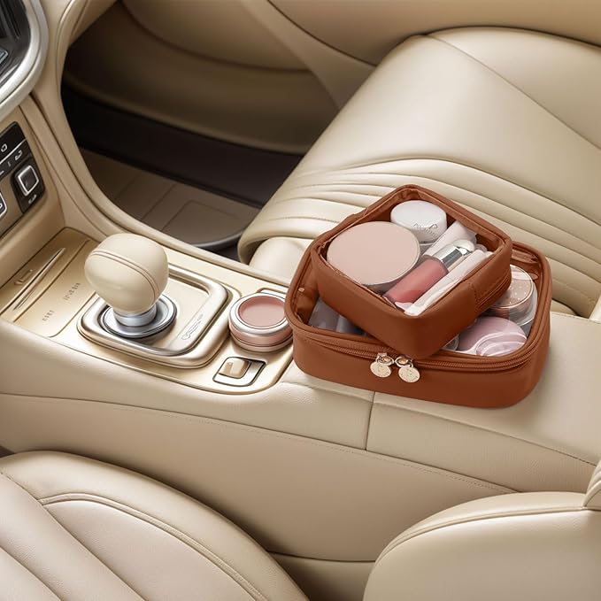 Pocmimut Clear Makeup Bags,Small Makeup Pouch with Large Cosmetic Bag Toiletry Bag Car Accessories Storage for Women Men,Travel Essentials Organizers,Brown