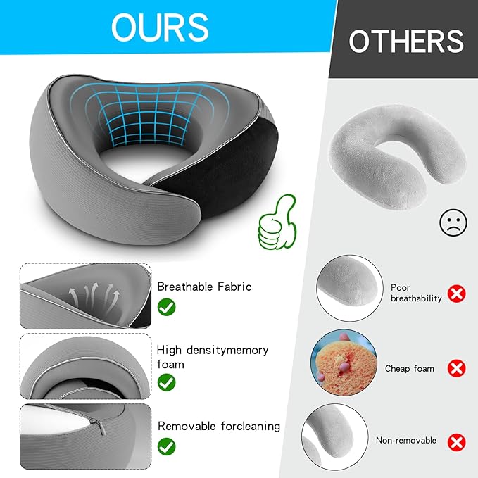 Adjustable Memory Foam Grey U-Shaped Travel Pillow with Luxurious Knitted Cotton Cover, Slow-Rebound Design for Airplane Travel and Neck Comfort, Perfect Traveler Gift