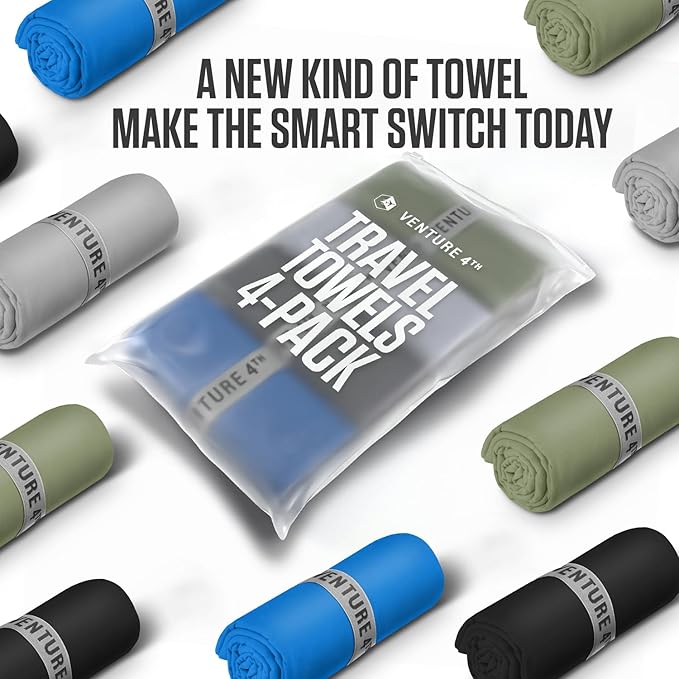 VENTURE 4TH - 4pcs Quick Dry Towels. Microfiber Travel Towels Ideal for Camping, Hiking, Backpacking, Gym. Lightweight & Fast Drying Travel Towels for Body. Compact & Easy to Pack - 4 Pack Medium