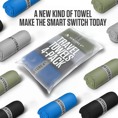 VENTURE 4TH - 4pcs Quick Dry Towels. Microfiber Travel Towels Ideal for Camping, Hiking, Backpacking, Gym. Lightweight & Fast Drying Travel Towels for Body. Compact & Easy to Pack - 4 Pack Medium