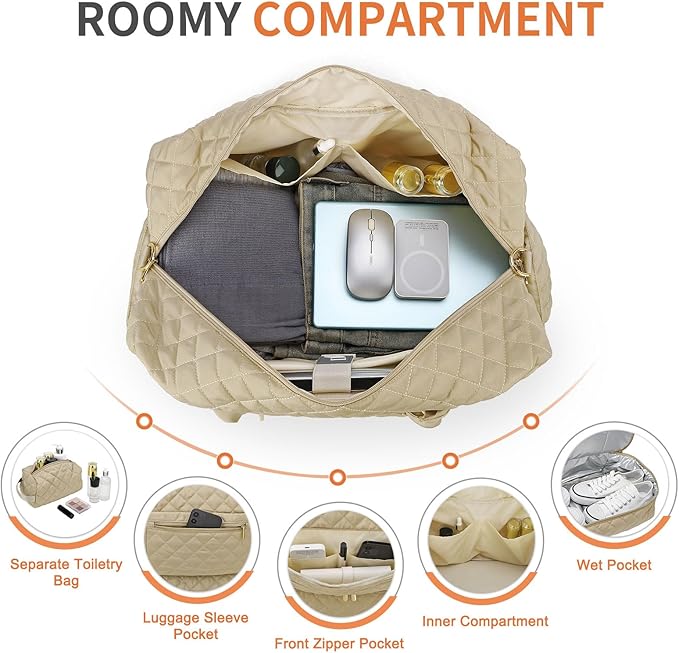 50L Large Travel Duffle Bag for Women, Weekender Overnight Bag W/Shoe Compartment+Wet Pocket+Toiletry Bag TSA Approved, Khaki