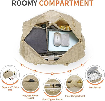 50L Large Travel Duffle Bag for Women, Weekender Overnight Bag W/Shoe Compartment+Wet Pocket+Toiletry Bag TSA Approved, Khaki