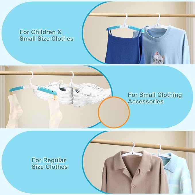 6 Pack Foldable Travel Hangers with Clips & Adjustable Clothesline, Portable Collapsible Hangers with Storage Bag for Suitcase, Hotel, RV, Cruise Essentials Set (Blue)