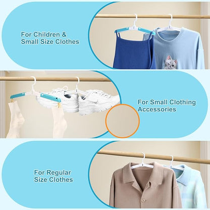 6 Pack Foldable Travel Hangers with Clips & Adjustable Clothesline, Portable Collapsible Hangers with Storage Bag for Suitcase, Hotel, RV, Cruise Essentials Set (Blue)