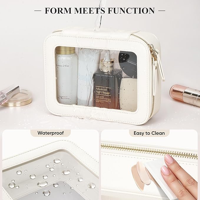 Clear Makeup Bag, Travel Toiletry Bag Cosmetic Case for Women, Waterproof Portable Make Up Skincare Pouch with Zipper, Compact Car Organizer Bag for Essentials, Medium Size, Ivory White