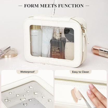 Clear Makeup Bag, Travel Toiletry Bag Cosmetic Case for Women, Waterproof Portable Make Up Skincare Pouch with Zipper, Compact Car Organizer Bag for Essentials, Medium Size, Ivory White
