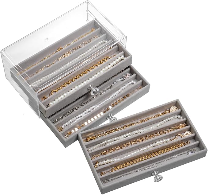 SPAKOWN Necklace Organizer Box, Velvet Necklace Box Holder Tray with Clear Lid Chains Showcase Stackable Necklace Storage for Pendant Bracelet (3 Drawers - Grey)