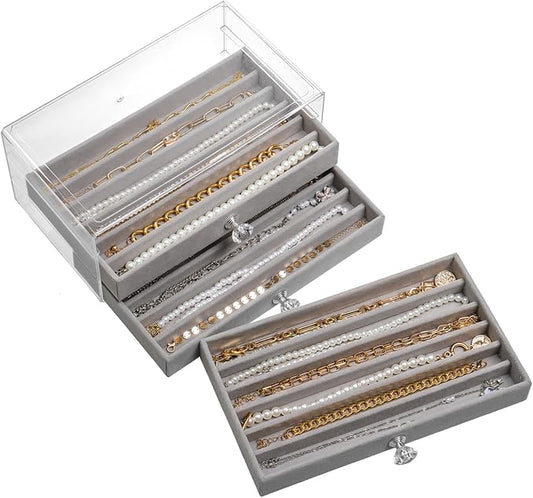 SPAKOWN Necklace Organizer Box, Velvet Necklace Box Holder Tray with Clear Lid Chains Showcase Stackable Necklace Storage for Pendant Bracelet (3 Drawers - Grey)