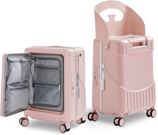 20 Inch Ride on Luggage With Seat For Kids&Adults,with Front Pocket, Foldable Seat Back TSA Approved Lock, 360° Spinner Wheels(20 inch,Pink)