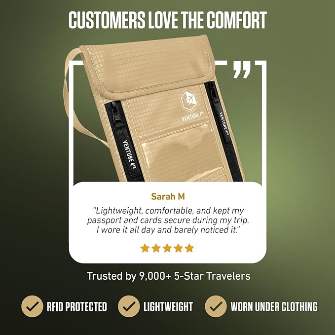 VENTURE 4TH Neck Wallet, RFID Blocking Passport Holder for Travel – Hidden Neck Pouch with 6 Compartments, Slim Lightweight Organizer with Adjustable Strap for Cash, Cards & Passport (Beige)