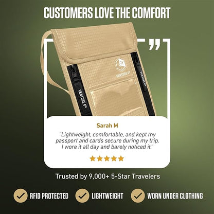VENTURE 4TH Neck Wallet, RFID Blocking Passport Holder for Travel – Hidden Neck Pouch with 6 Compartments, Slim Lightweight Organizer with Adjustable Strap for Cash, Cards & Passport (Beige)