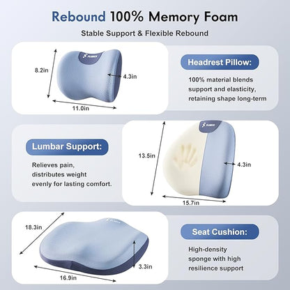 FLORICH Seat Cushion and Lumbar Support Pillow for Office Chair Car, Car Neck Pillow, Ergonomic Memory Foam Back Support for Office Gaming Chair Wheelchair, Relieves Neck, Back & Sciatica Pain – Blue