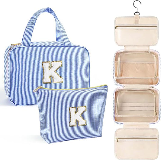 YOOLIFE Initial Toiletry Bag Travel Makeup Bag for Women - Hanging Toiletry Bag, Personalized Birthday Gifts for Women, Vacation Airplane Essentials - Letter K, Blue