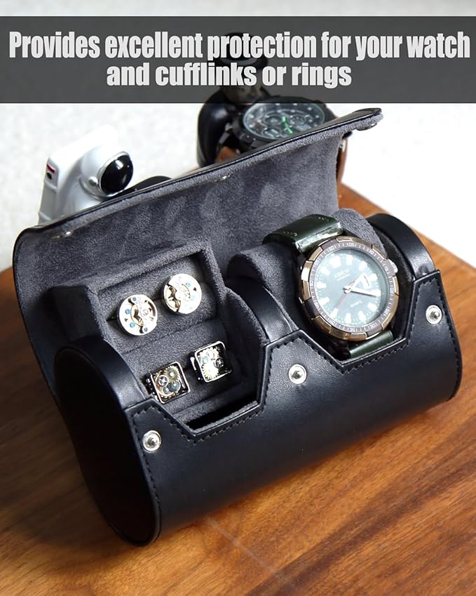 Watch and Cufflink Travel Case - PU Leather Box Combo With Ring Organizer - Portable Storage for Men's Accessories Gift
