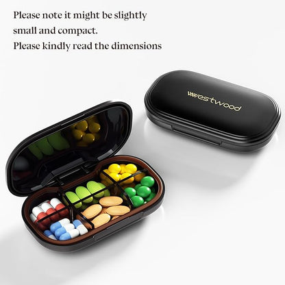 6-Compartment Pill Organizer - Small Compact Daily & Travel Pill Case Container for Vitamins, Medication and Supplements - Portable Black Medicine Pill Box Holder with Stylish Cute Design