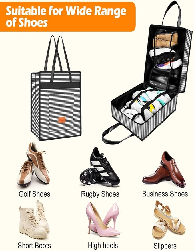 Yotako Shoe Bag for Travel with Leathers Handle-Portable Shoe Organizer with Pockets,3 in 1 Hanging Luggage Shoe Storage Bag,Travel Shoe Bag for Women Men Fit 6 PCS Shoes,Stripe