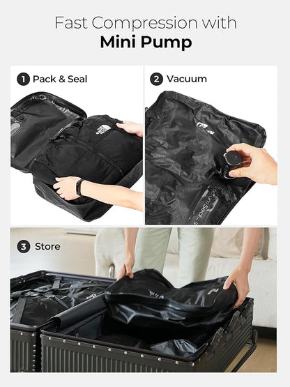 Vacuum Bags for Travel with Wireless Pump, 180° Open Zipper, IP67 Waterproof, Reusable Space Saver Compression Bags for Backpack, Suitcase, Home Storage(2 Pack + Pump)