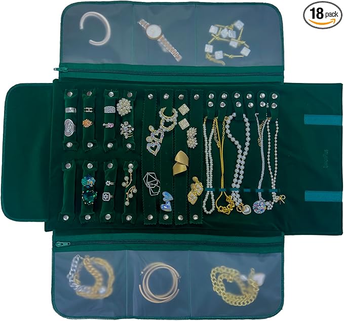 UnionPlus Velvet Travel Jewelry Case Roll Bag Organizer for Necklace Bracelet Earrings Ring, 6 PVC Pockets, Blackish Green Upgrade Version