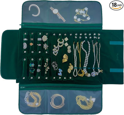 UnionPlus Velvet Travel Jewelry Case Roll Bag Organizer for Necklace Bracelet Earrings Ring, 6 PVC Pockets, Blackish Green Upgrade Version