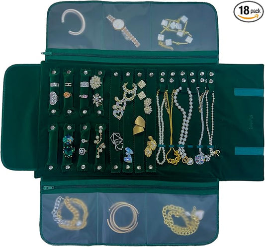 UnionPlus Velvet Travel Jewelry Case Roll Bag Organizer for Necklace Bracelet Earrings Ring, 6 PVC Pockets, Blackish Green Upgrade Version