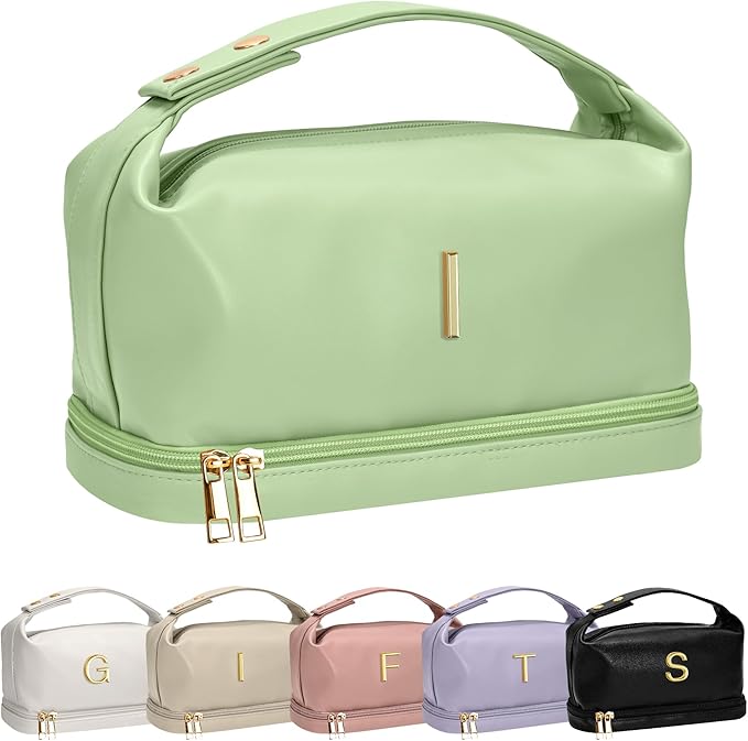 Trendy Gifts for Women, Personalized Makeup Bag with Handle, Initial Double Layer Cosmetic Bag with Makeup Brush Organizer, Cute Cosmetic Pouch for Women, Gifts for 20 Year Old Female