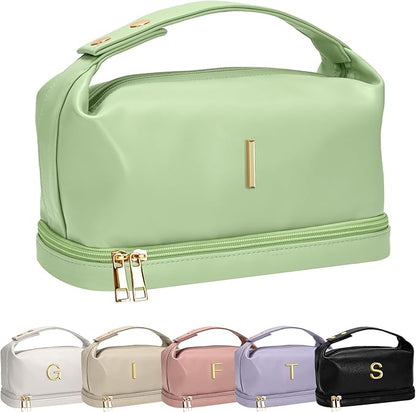 Trendy Gifts for Women, Personalized Makeup Bag with Handle, Initial Double Layer Cosmetic Bag with Makeup Brush Organizer, Cute Cosmetic Pouch for Women, Gifts for 20 Year Old Female