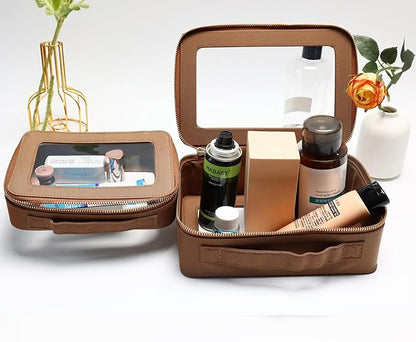 SANHECUN Cosmetic Case with Zipper TSA Approved Storage Box Travel Organizer Pouch Toiletry Portable Makeup Bag Cosmetic Set (2, Brown)