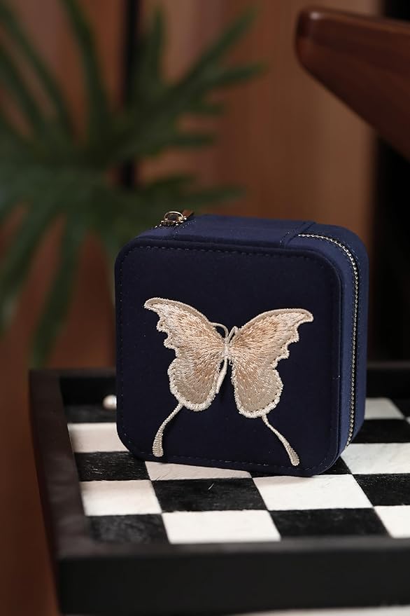 S.Leaf Travel Jewelry Organizer Boxes for Women Small Portable Necklace Earrings Bracelet Rings Travel Case Best Friend Birthday Gifts for Women Trendy (Butterfly_Blue_Gold)
