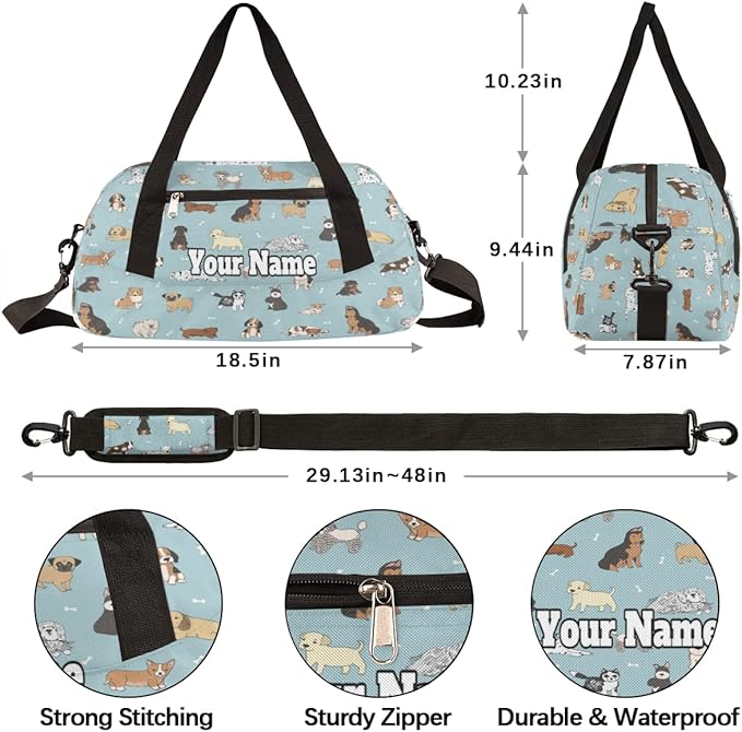 Custom Your Name Bones Dog Animal Pattern Personalized Text Gym Duffle Bag for Kids,Sports Bag for Teens Boys & Girls Small Waterproof Overnight Weekender Carry School Practice Travel Bag
