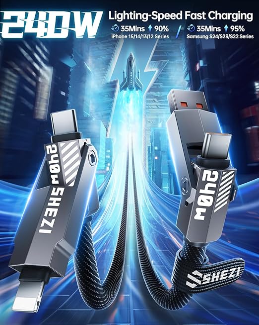 SHEZI Nylon Braided 4 in 1 USB C Cable 240W 5FT Compatible with Lightning Cable, Fast Charging for iPhone/iPad Charger Cord [480Mbps Data Sync],Multi Charging Cable with Type C/USB A, Grey